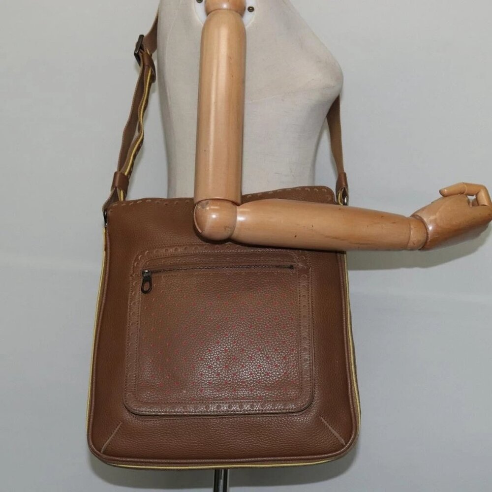 BOTTEGA VENETA Shoulder Bag Punching leather Brown Gold Auth bs30220